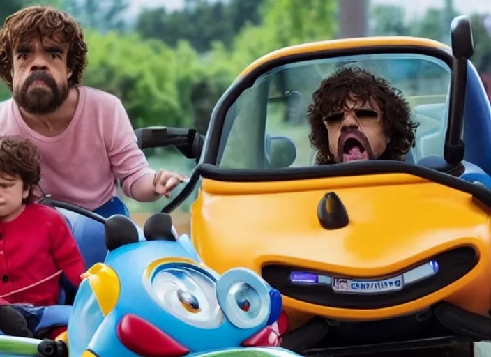 Prompt: peter dinklage and anne hathaway driving a little tikes cozy coupe, movie still, from the new fast 5, 8 k, realistic