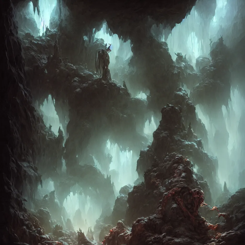 Image similar to portrait of the unseen elder vampire in a cave, dark atmosphere, subsurface scattering, by jesper ejsing, justin gerard, tomasz alen kopera, cgsociety and fenghua zhong, highly detailed, rim light, cinematic lighting, illustration, art, octane render, very coherent, cinematic, hyper realism, high detail, octane render, 8 k