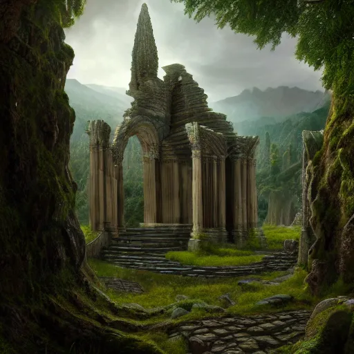 Prompt: a beautiful and highly detailed matte painting of an ancient celtic elven temple, epic scale, insanely complex, hyperdetailed, sharp focus, hyperrealism, artstation, cgsociety, 8 k, by caspar friedrich, albert bierstadt, james gurney, brian froud,