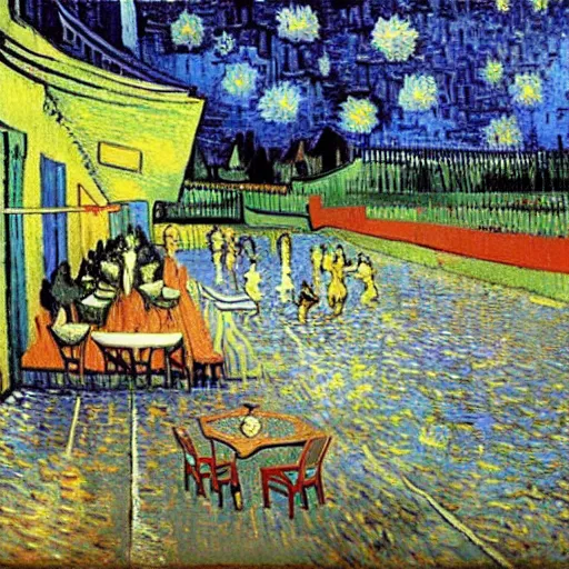 Image similar to painting by van gogh, swimming pool