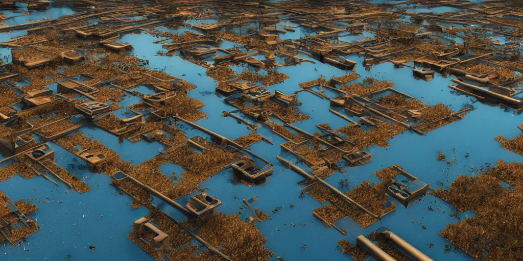 Prompt: an abandoned industrial zone flooded, metal towers emerging from clear pond waters, reeds, concept art, octane render, unreal engine 4, trending on artstation, high quality, highly detailed, 8 k hdr, red sea, blue sand, high coherence, path traced, serene landscape, breathtaking landscape, cinematic lighting, hyperrealistic, golden hour