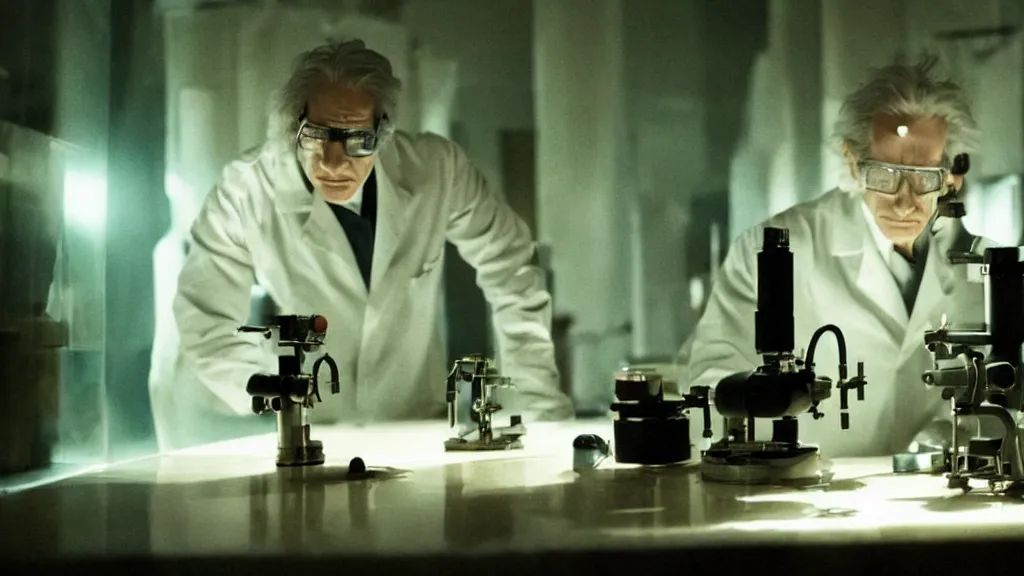 Image similar to the scientist creates new life, film still from the movie directed by denis villeneuve and david cronenberg with art direction by salvador dali, wide lens