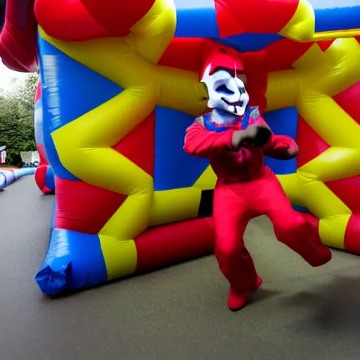 Image similar to chased by a creepy jester in an endless corridor made of bouncy castle, photo