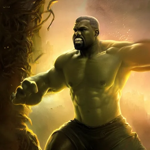 Prompt: Portrait of Kanye West as the Hulk, amazing splashscreen artwork, splash art, head slightly tilted, natural light, elegant, intricate, fantasy, atmospheric lighting, cinematic, matte painting, by Greg rutkowski