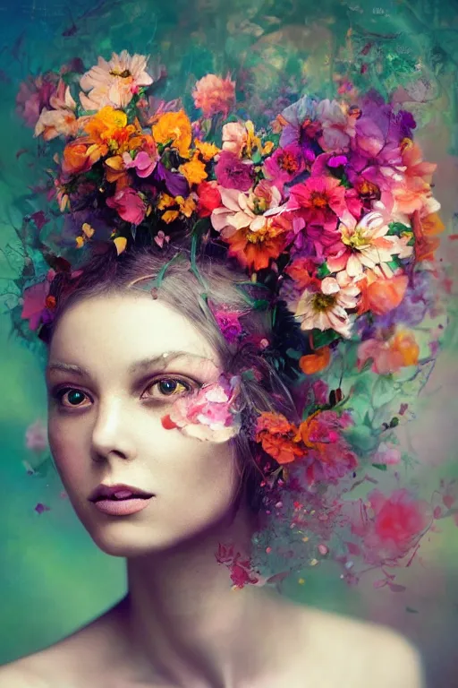 Prompt: closeup, woman with flowers in her hair, a colorized photo by Ryohei Hase, trending on cgsociety, psychedelic art, made of flowers, photo taken with provia, multiple exposure