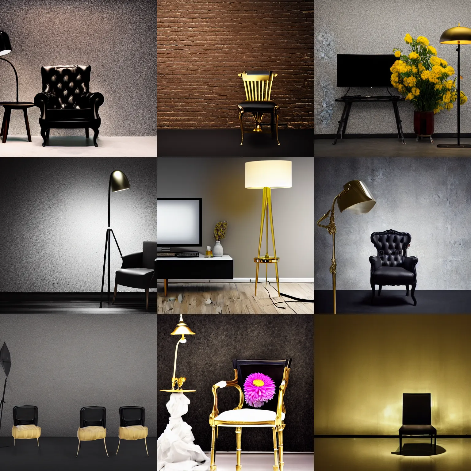 Prompt: detailed photograph, wide angle pitch black studio setting, darkness, high quality, elegance, tv production, pitch black background, single chair brass, standing lamp extravagant, designer, single chair, colorful flower bouquet