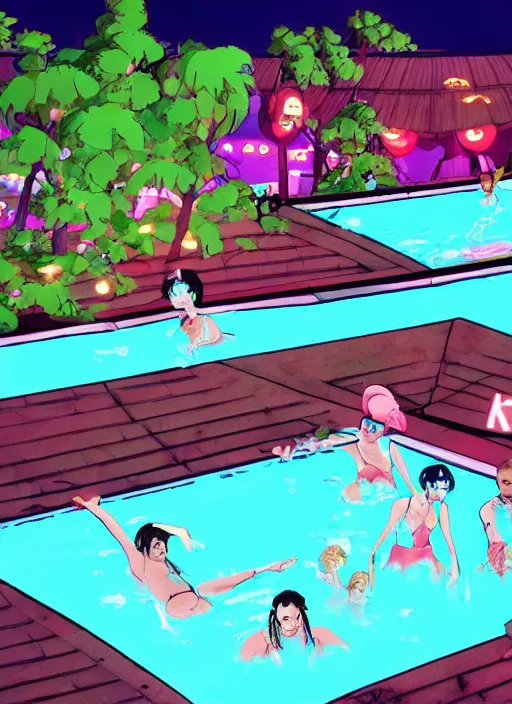 Image similar to pool party late at night with funky music people dancing in anime akira style, 8 k, hd