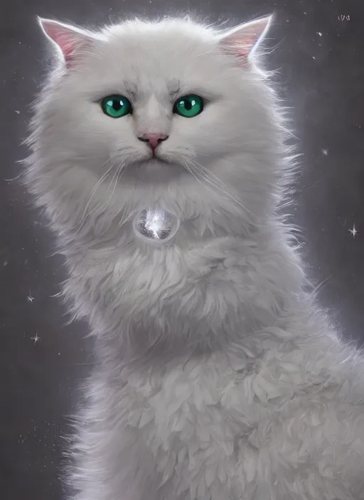 Image similar to masterpiece portrait of a white fluffy cat with cosmic armor, au naturel, hyper detailed, digital art, trending in artstation, cinematic lighting, studio quality, smooth render, unreal engine 5 rendered, octane rendered, art style by klimt and nixeu and ian sprigger and wlop and krenz cushart and kim jung gi and greg rutkowski