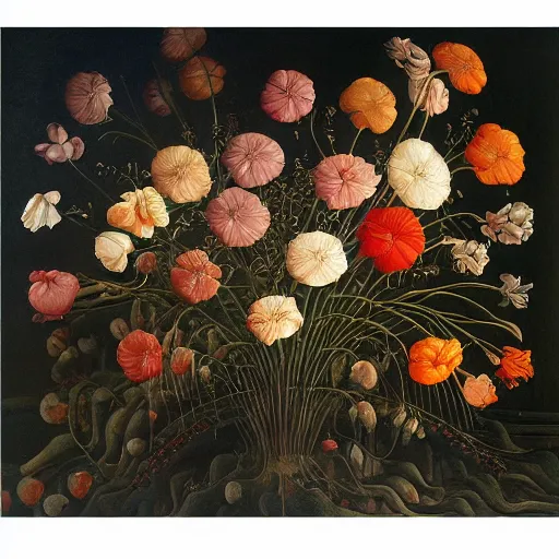 Prompt: oil painting of many various flowers on a dark background, painted by Sandro Botticelli, the flowers are floating and are seen from the side, dark atmosphere, realistic flowers oil painting