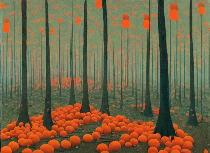 Prompt: a forest with a 5 orange cones scattered about, by surrealist james jean, in the style of francis bacon and edward hopper and beksinski
