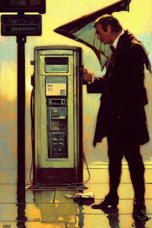 Image similar to saul goodman at a payphone, painting by'phil hale '!!! gaston bussiere, craig mullins, greg rutkowski, alphonse mucha, lady liberty