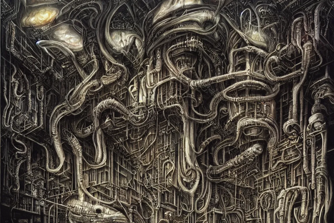 Image similar to A very detailed nightmarish penthouse, surrealism, airbrush painting, style of H. R. Giger