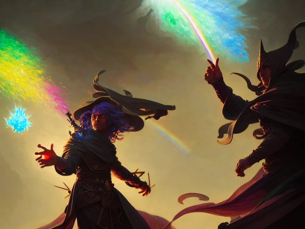Image similar to concept art of a wizard defeating the darkness with a rainbow spell, up close, d & d, rpg, trending on artstation, highly detailed, intricate, high cohesion, award winning painting, cgi, art by greg rutkowski and alphonse mucha and anton fadeev and john howe