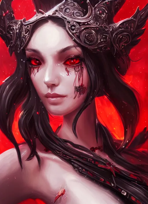 Prompt: a highly detailed illustration of beautiful black long hime cut hair woman wearing a red battle dress, red eyes, dramatic smile pose, intricate, elegant, highly detailed, centered, digital painting, artstation, concept art, smooth, sharp focus, league of legends concept art, WLOP