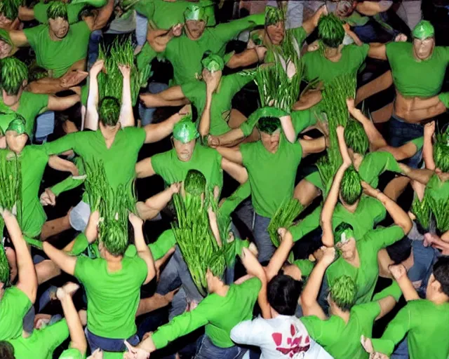 Prompt: muscular humanoid yoshi mosh pit with green onions, yoshi gigachad clones + green onion