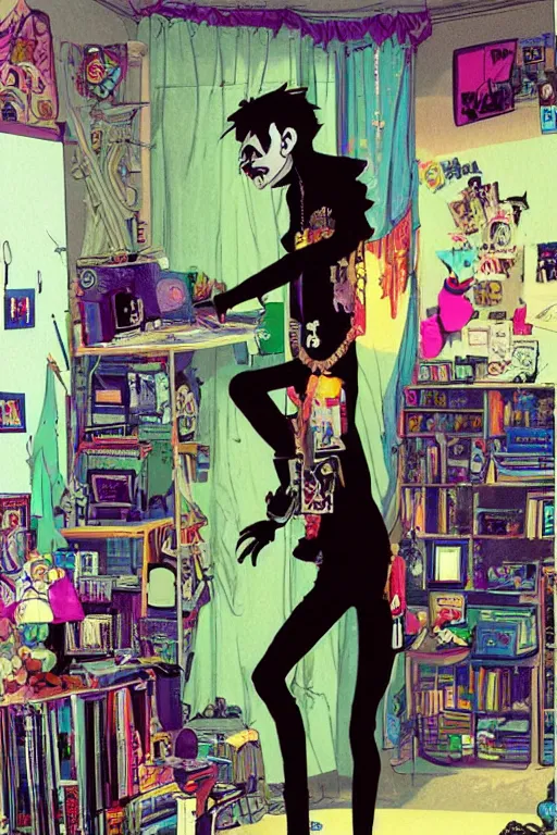 Image similar to a skinny goth guy standing in a cluttered 9 0 s bedroom by jamie hewlett, jamie hewlett art, full body character concept art, vaporwave colors, digital painting, hd, ultra hd, detailed, award winning, small details, artgerm,