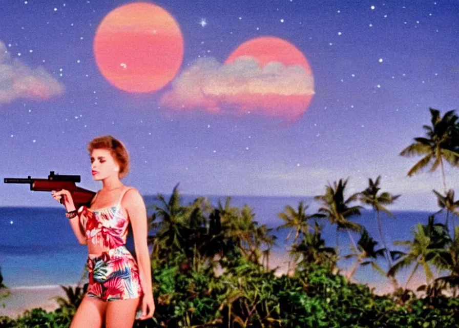 Image similar to 1 9 8 6 vintage movie screencap of a girl with a gun on a narco mansion, gucci clothes, night sky, beach and tropical vegetation on the background, 1 9 8 6 photo