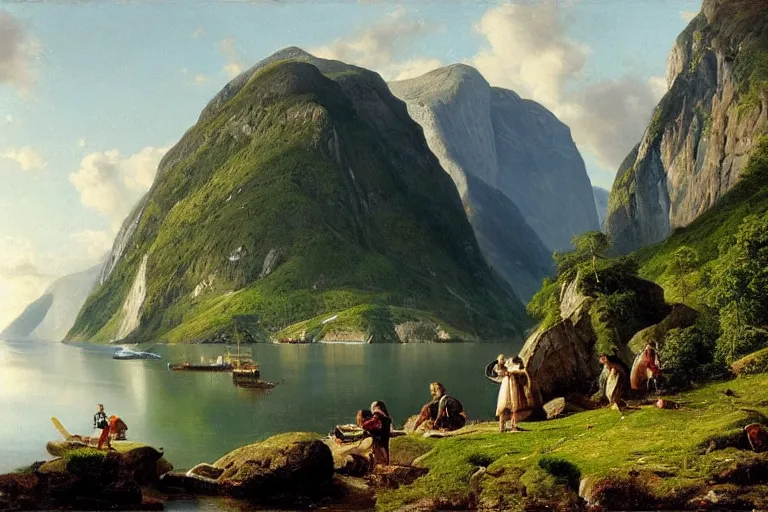 Prompt: Geirangerfjorden in summer painted by Ludwig Deutsch and Rudolf Ernst, strong dramatic cinematic lighting, smooth, sharp focus, extremely detailed