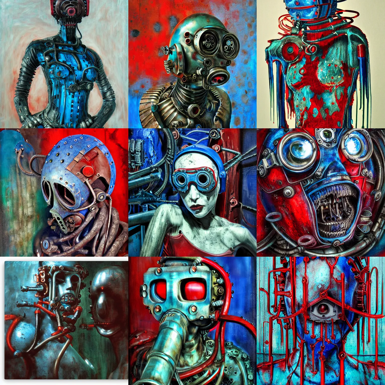 Prompt: blue, red, green, dark, gothic, cyber, fantasy, rust, metal, rivets, cogwheel, human, creature, mannequin, machinery, scuba mask, by giger, masahiro ito, junji ito, rough oil paint, underpainting, highlights, john signer sargent