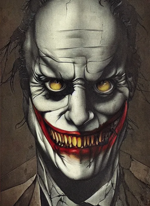 Prompt: The Joker from Dark Knight by Hieronymus Bosch and James Jean, rule of thirds, highly detailed features, perfect symmetry, horror elements, horror theme, award winning