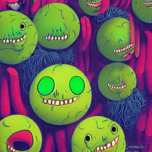 Prompt: a million tennis ball monsters, colorful, digital art, fantasy, magic, chalk, trending on artstation, ultra detailed, professional illustration by basil gogos