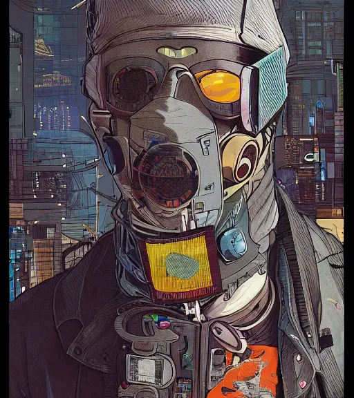 Prompt: a cyberpunk man with a patchwork face of various people, techwear, Industrial Scifi, detailed illustration, character portrait, by Martin Grip and Moebius