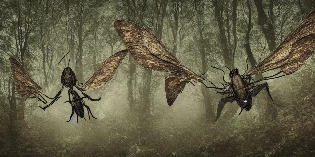Image similar to Humanoid moth with wings for arms in a forest filled with fog off in the distance looking back at the camera, hyper detailed