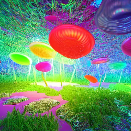 Image similar to jello Mushrooms covering the inside of prismatic jungle, fairy dust in the air, octane render