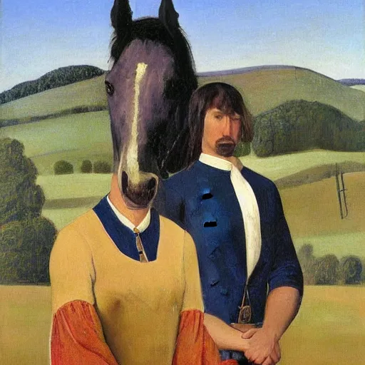 Prompt: two horses recreating the painting american gothic, by grant wood