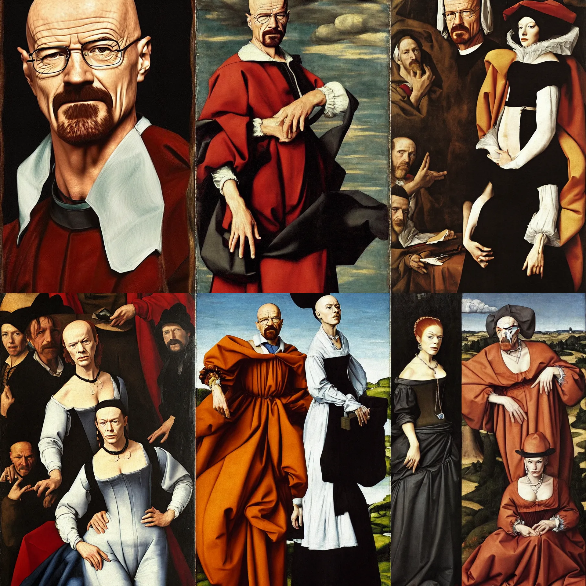 Prompt: walter white in drag, looking hella spiffy, oil painting, raphael high renaissance, trending in the 1500s