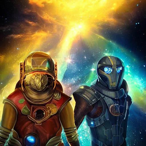 Image similar to the relentless battle between the guardians of space of time both of which are clothed with golden chains and galactic fog and a background overseeing the universe