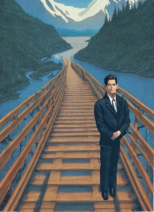 Image similar to dale cooper standing on a thin bridge, twin peaks poster art, from scene from twin peaks, by michael whelan, artgerm, retro, nostalgic, old fashioned, 1 9 8 0 s teen horror novel cover, book