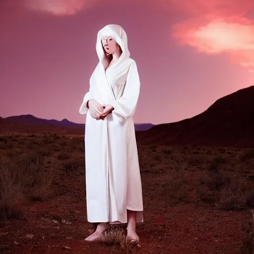 Image similar to symmetry!! christina hendricks!!! full frontal body photography of skinny christina hendricks in white robes standing in the desert, blushing, red - cheeks!!, dim volumetric cinematic lighting, 8 k, detailed - face!!, red lips, post - processing, extremely hyper - detailed, intricate, epic composition, masterpiece, stunning, leica sl 2 5 0 mm