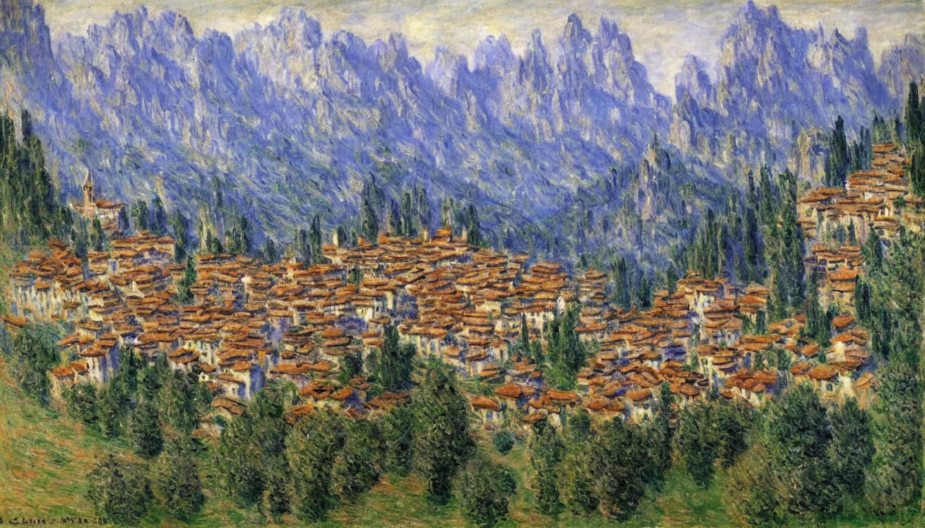 Prompt: an italian town in the dolomites mountains, by claude monet