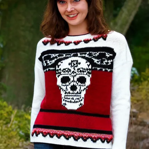 Image similar to a hand knit wool sweater with a calavera pattern