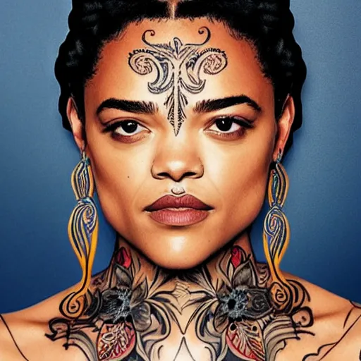Prompt: A portrait of Tessa Thompson with exotic, intricate face tattoos , beautiful!!! digital art