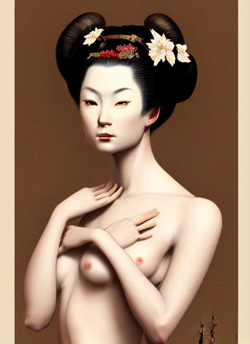 Image similar to organic seductive Geisha portrait, pearlescent skin, diffuse lighting, fantasy, intricate, elegant pose, highly detailed, lifelike, photorealistic, digital painting, artstation, illustration, concept art, different point of view, smooth, sharp focus, art by John Collier and Albert Aublet and Leonardo da vinci and Moebius and Krenz Cushart