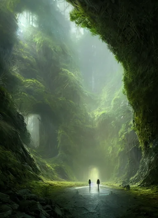 Prompt: a man standing in a tunnel in the middle of a forest, a matte painting by stephan martiniere, featured on cgsociety, fantasy art, matte painting, unreal engine 5, tesseract