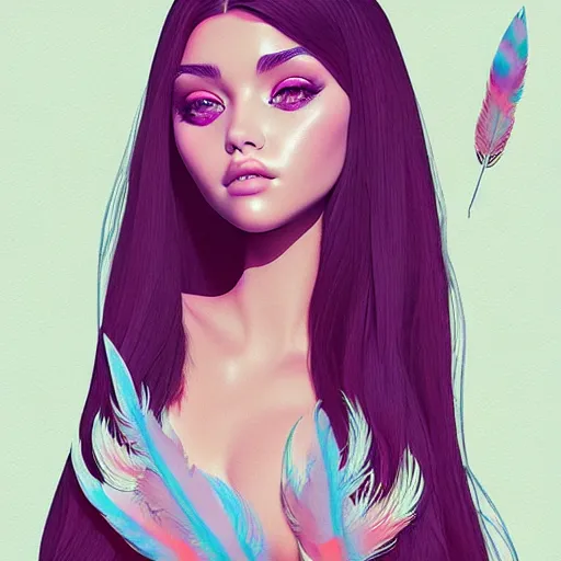 Prompt: skydoll like madison beer by alessandro barbucci, by loish, by audrey kawasaki, barbbara cannepa global illumination, feathers texture overlays, wood veins on top