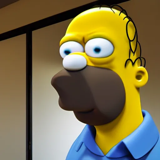 Image similar to homer simpson, realistic face, highly detailed eyes, highly detailed face, 8 k, hd, octane render, unreal engine, 3 d shading, subsurface scattering, limited concentration, iteration 1 0 0 0 0 0 0