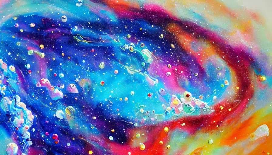 Image similar to painting space on canvas, watedrops, water droplets, acrylic painting, acrylic pouring, painting, influencer, artstation - h 8 0 0