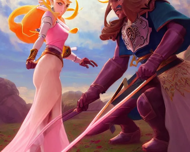 Prompt: princess zelda fighting princess princess peach, action scene, elegant, highly detailed, digital painting, artstation, concept art, matte, sharp focus, illustration, art by artgerm and greg rutkowski and alphonse mucha