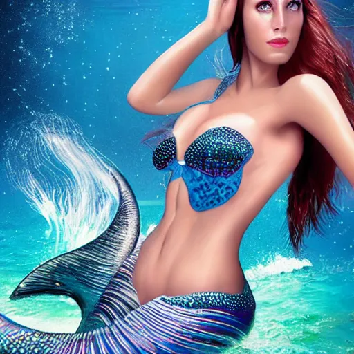 Image similar to an extremely realistic photoart of a fantastic realistic mermaid with an ultra perfect and ultra detailed wild face with beautiful, ultra detailed wild blue eyes a fantastic crown of diamons and a galaxy realistic tail, wearing a two-piece swimsuit full art