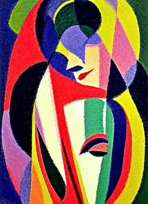 Image similar to an extreme close-up abstract portrait of a lady enshrouded in an impressionist representation of Mother Nature and the meaning of life by Sonia Delaunay and Igor Scherbakov, abstract colorful lake garden at night, thick visible brush strokes, figure painting by Anthony Cudahy and Rae Klein, vintage postcard illustration, minimalist cover art by Mitchell Hooks
