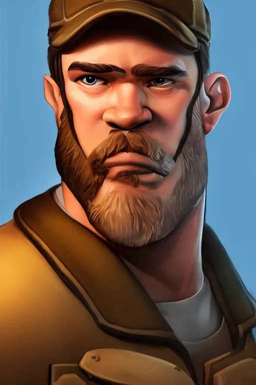 Image similar to beautiful highly detailed realistic stylized character portrait team fortress 2 engineer, detailed character art master portrait, trending on artstation
