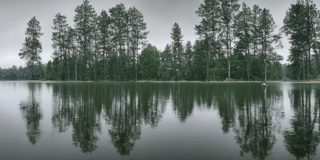 Image similar to centered subjected photograph of a long infinite rope snaking across the surface of the water, stretching out towards the center of the lake, a dark lake on a cloudy day, trees in the background, anamorphic lens