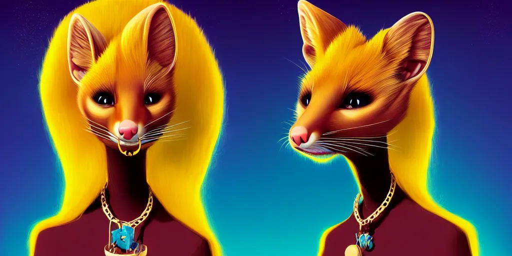 Image similar to curved perspective, extreme narrow, extreme fisheye, digital art of a female embalmed marten animal wearing jewlery with blonde hairstyle by anton fadeev from nightmare before christmas