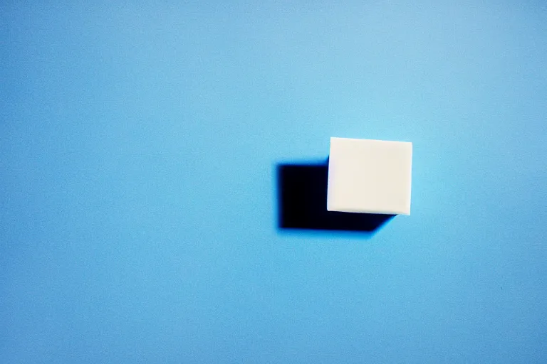 Image similar to single blue cube on white studio floor, soft light, 3 5 mm