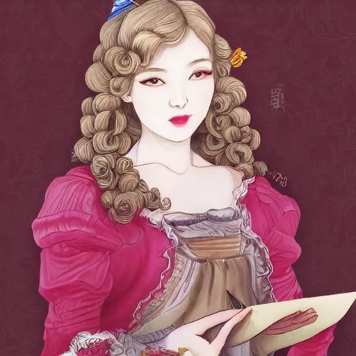 Prompt: a drawing of a woman holding a card, a character portrait by yuumei, featured on pixiv, rococo, tarot card, freakshow, rococo
