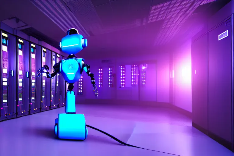 Image similar to full body robot picture, background is data server room, neon and dark, purple and blue color scheme, by dan mumford, global illumination ray tracing hdr render in unreal engine 5